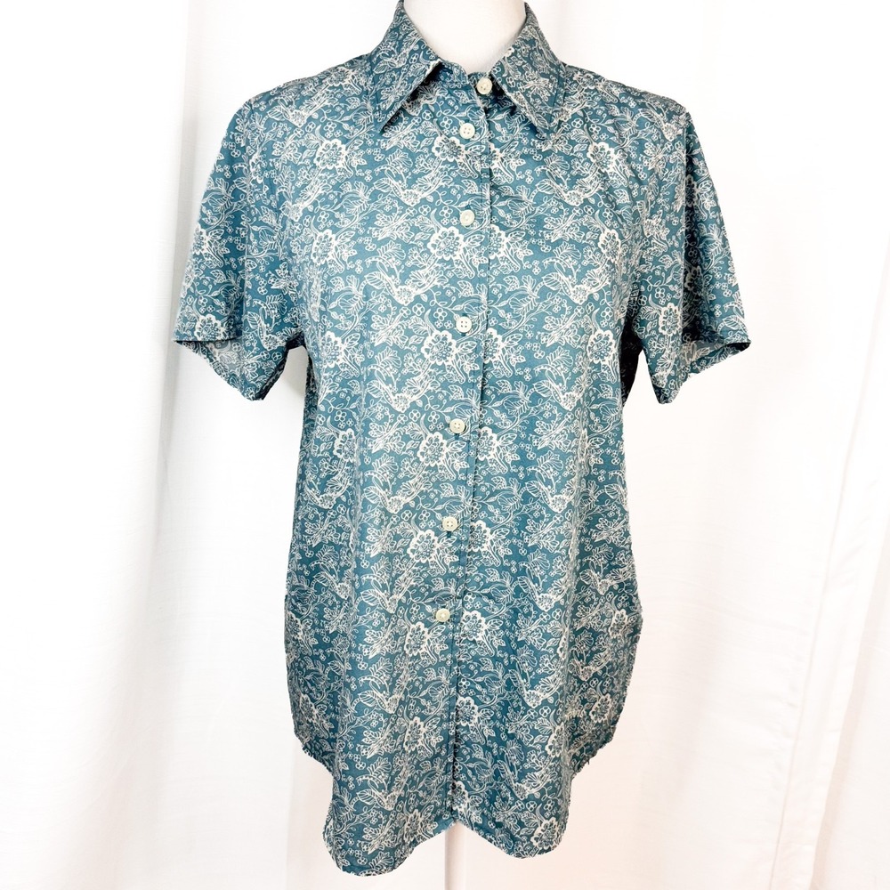 Orvis Women 10 Wrinkle Free Cotton Shirt Teal Floral Botanical Short Sleeve EUC